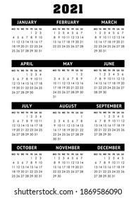 Calendar grid for 2021 year. Week starts monday. Vector design template