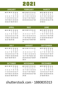 Calendar grid for 2021 year. Week starts Monday. Vector design template