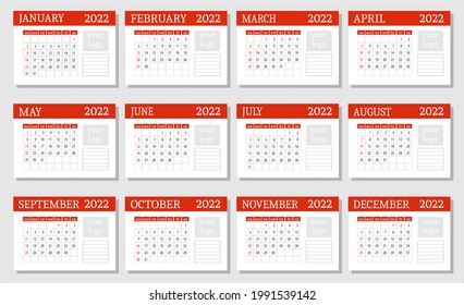 Calendar grid for 2022. The week starts on Sunday. Vector illustration
