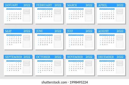 Calendar grid for 2022. The week starts on Sunday. Vector illustration