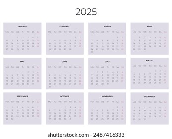 calendar grid for 2025 year