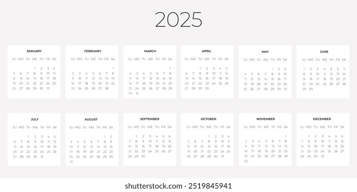 Cuadrícula de calendario para el año 2025