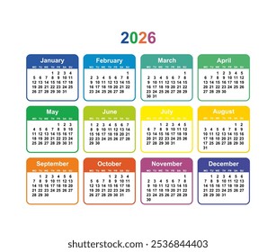 Calendar grid 2026 colorful vector Simple layout of pocket or wall calendar