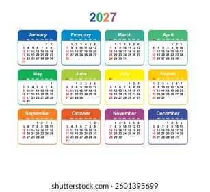 Calendar grid 2027 colorful vector Simple layout of pocket or wall calendar, Sunday Start Horizontal colorful calendar photo
