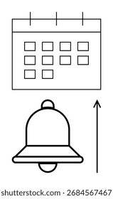 Cuadrícula del calendario encima de una campana de notificación y flecha hacia arriba. Ideal para la gestión de eventos, planificación, recordatorios, objetivos futuros, gestión del tiempo, programación, organización. Metáfora de línea