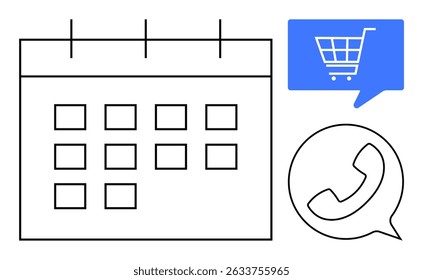 Calendar with grid, blue shopping cart in speech bubble, phone icon in speech bubble. Ideal for business planning, appointment scheduling, e-commerce, customer service, retail management
