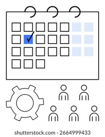 Kalenderraster mit Häkchen, Zahnrad und Gruppe von Personen in schwarzen und blauen Farben. Ideal für Planung, Organisation, Planung, Projektmanagement, Produktivität, Teamarbeit, Veranstaltungen. Linienmetapher