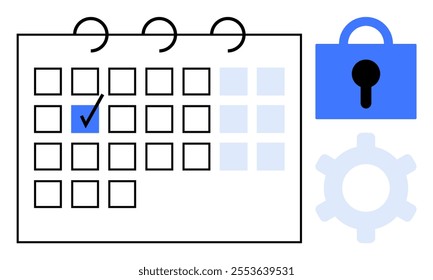 Calendar grid with a checkmark on one date One blue lock symbol for security and one gray, gear for settings Ideal for task management scheduling security settings and planning Modern flat style