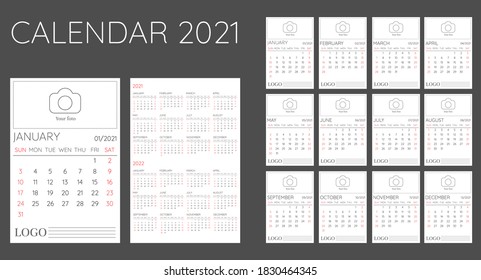 Calendar grid, corporate template design. Base planner template for the 2021 annual calendar with a placeholder for logo and photo. Week starts on Sunday. Vector