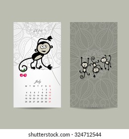 Calendar grid design. Monkey, symbol of year 2016. Vector illustration