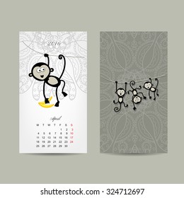 Calendar grid design. Monkey, symbol of year 2016. Vector illustration