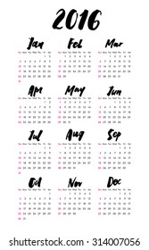 The calendar grid with hand written months. Lettering and hand drawn design.