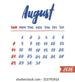 The calendar grid with hand written months. Lettering and hand drawn design.