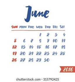 The calendar grid with hand written months. Lettering and hand drawn design.