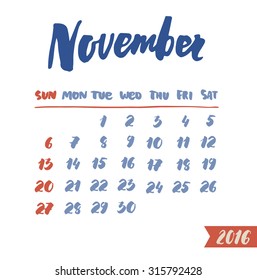The calendar grid with hand written months. Lettering and hand drawn design.