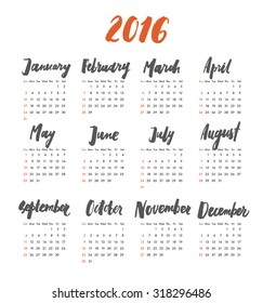 The calendar grid with hand written months. Lettering and hand drawn design.