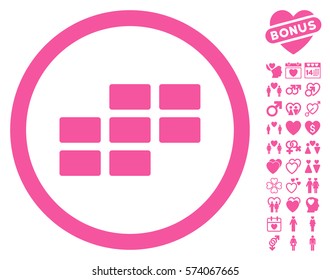 Calendar Grid icon with bonus amour pictograms. Vector illustration style is flat rounded iconic pink symbols on white background.