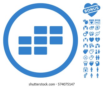 Calendar Grid icon with bonus passion pictograms. Vector illustration style is flat rounded iconic cobalt symbols on white background.