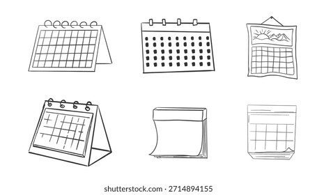 Conjunto de iconos de cuadrícula de calendario, boceto dibujado a mano. Planificador de programación de líneas colgantes. Recordatorio y calendario con un cheque.