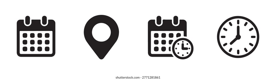Calendar grid, location pin, calendar with clock, and time icons. scheduling, event, location, and time management symbols.