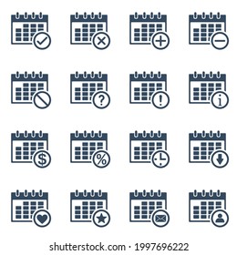 calendar grid with many different actions, vector outline icons set
