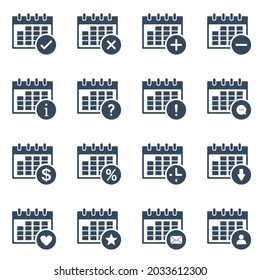 calendar grid with many different actions, vector solid icons set