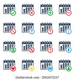 calendar grid with many different colorful actions, vector outline icons set