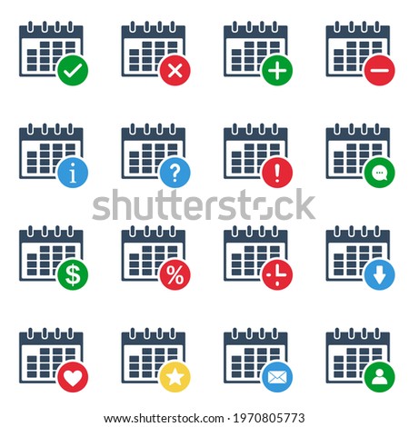 calendar grid with many different colorful actions, vector solid icons set