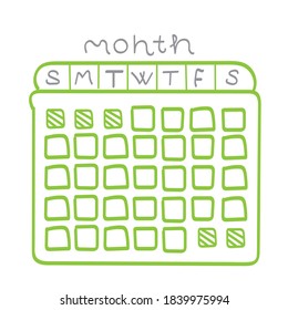 Calendar grid for the month in the doodling vector style. Day, month, year on an isolated white background