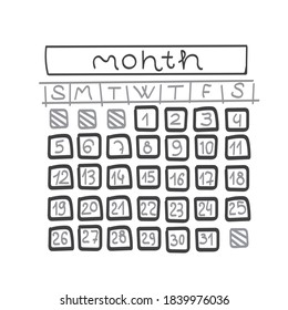 Calendar Grid Month Doodling Vector Style Stock Vector (Royalty Free ...