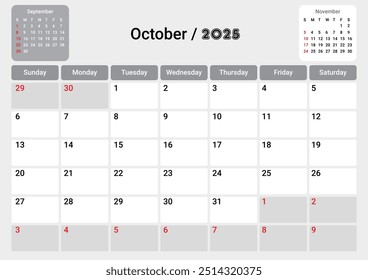 Calendar grid for October. Modern monthly calendar with space for notes.2025
