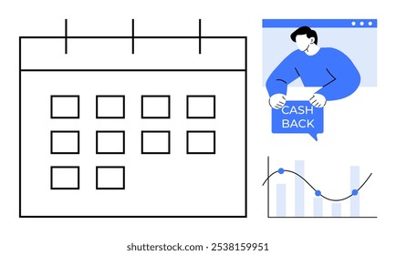 Calendário com grade, pessoa segurando o sinal de Cash Back e gráfico decrescente com nós azuis. Ideal para promoções de cashback, planejamento financeiro, programação, análise de negócios, gerenciamento de tempo