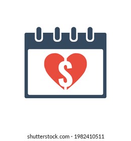 calendar grid with red heart and dollar symbols, flat vector icon