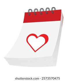 calendar grid with red heart symbol, flat vector icon