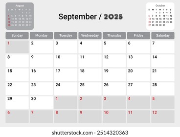 Calendar grid for September. Modern monthly calendar with space for notes.2025