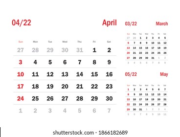 Conjunto de cuadrícula del calendario. PÁGINA DE ABRIL. 12 meses 2022 Calendario trimestral Inglés 
