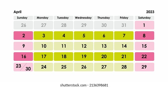 Calendar Grid Set. April PAGE. 12 Months 2023  English 