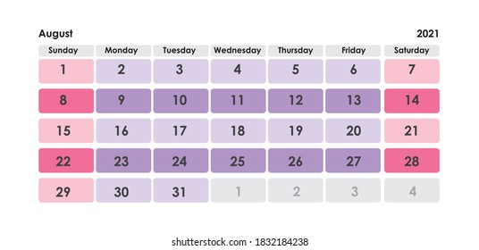 Calendar Grid Set. AUGUST PAGE. 12 Months 2021  Quarterly Calendar English 