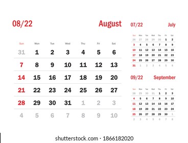 Calendar Grid Set. AUGUST PAGE. 12 Months 2022  Quarterly Calendar English 
