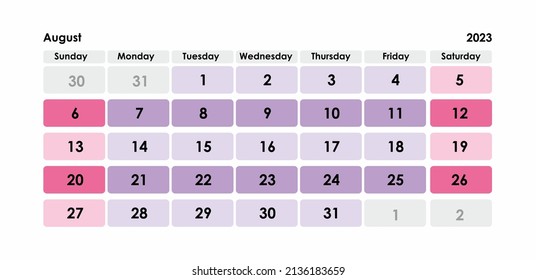 Calendar Grid Set. August PAGE. 12 Months 2023  English 