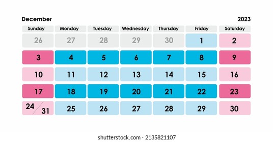 Calendar Grid Set. December PAGE. 12 Months 2023  English 