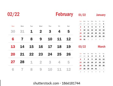 Calendar Grid Set. FEBRUARY PAGE. 12 Months 2022  Quarterly Calendar English 