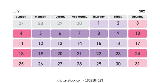 Conjunto de cuadrícula del calendario. PÁGINA DE JULIO. 12 meses 2021 Calendario trimestral Inglés 