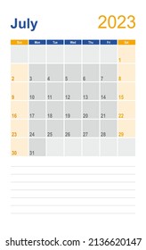 Kalendergittersatz. SEITE Juli. 12 Monate 2023 Englisch 