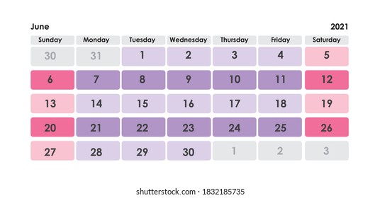 Calendar Grid Set. JUNE PAGE. 12 Months 2021  Quarterly Calendar English 