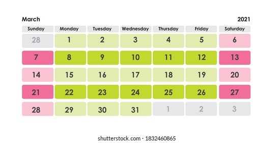 Calendar Grid Set. MARCH PAGE. 12 Months 2021  Quarterly Calendar English 