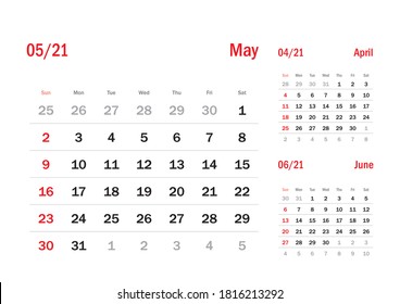Conjunto de cuadrícula del calendario. MAY PAGE. 12 meses 2021 Calendario trimestral Inglés 