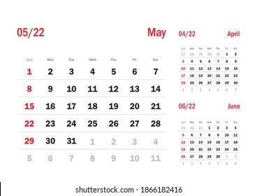 Calendar Grid Set. MAY PAGE. 12 Months 2022  Quarterly Calendar English 