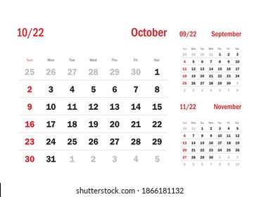 Calendar Grid Set. OCTOBER PAGE. 12 Months 2022  Quarterly Calendar English 