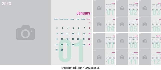 Calendar grid template 2023. A4 format. European standard